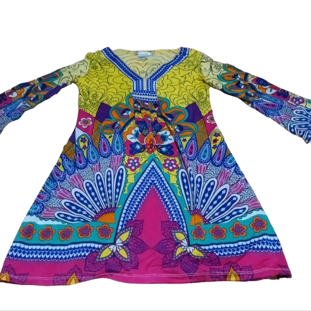 Adore Ladies/Girls Size Small Mini Dress. NWOT. 16"P2P, 24"LONG. Great colors .